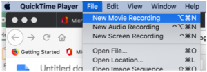 Quicktime menu. File and New Movie Recording selected