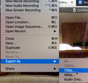 quicktime menu - export as and 720p selected